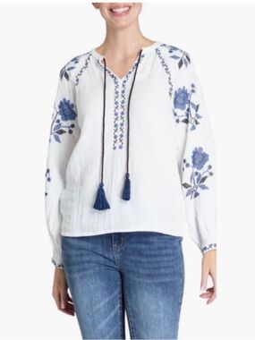 APNY-Embroidered-Cotton-Gauze-Peasant-Top-Tunic-White-Blue-Bohemian-Cottage-M